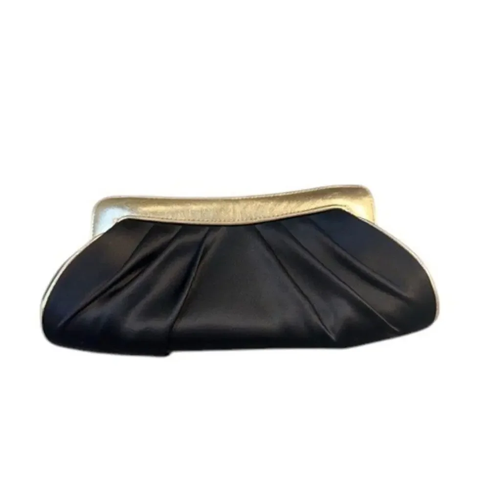 Franchi Black Pleated Clutch Gold Frame Evening Bag Chain Strap 10